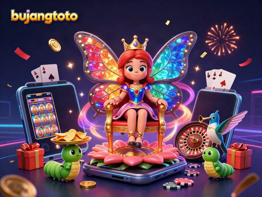 Bujangtoto's vibrant casino scene showcases a wealthy butterfly queen presiding over a treasure of gaming elements.