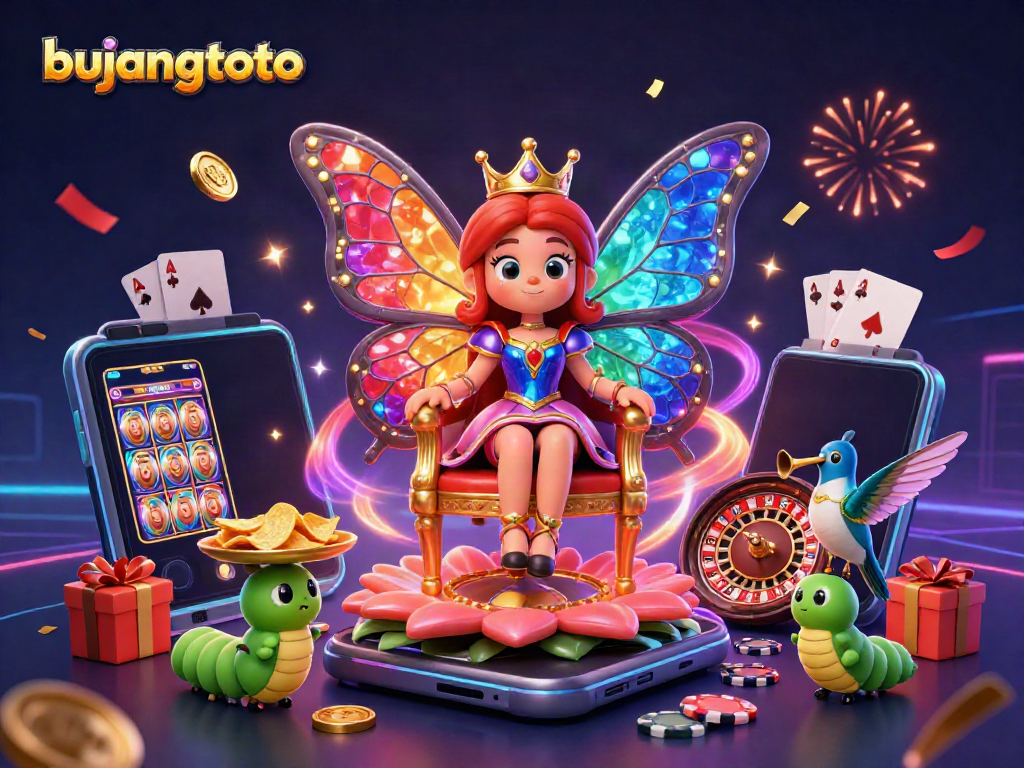 Bujangtoto's vibrant casino scene showcases a wealthy butterfly queen presiding over a treasure of gaming elements.
