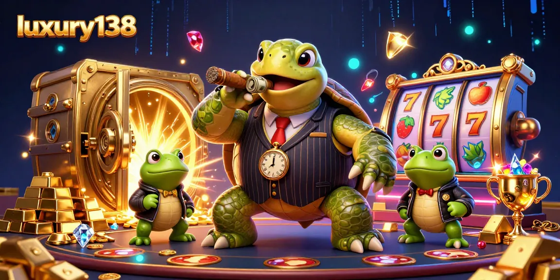 Engage with luxury138's vibrant slots featuring a whimsical turtle and bullfrogs in action.