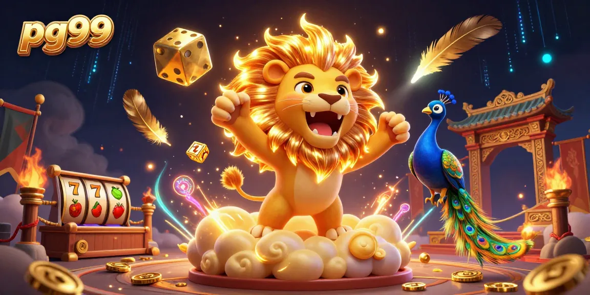 Experience adventurous gameplay with pg99: a lively scene of a roaring lion, golden dice, and slot machine elements.