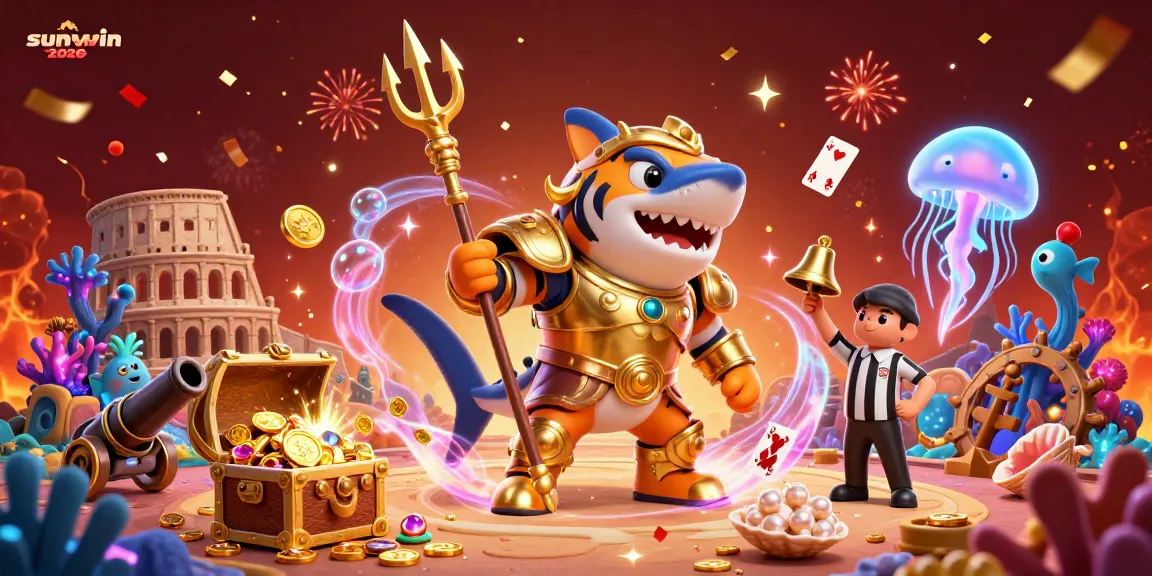 Experience the thrilling jackpot excitement of sunwin 2026 with an underwater casino featuring a shark warrior.