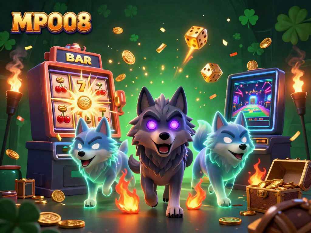 Experience thrilling wins with MPO08's vibrant 3D slot machine scene featuring ghostly wolves and jackpot elements.