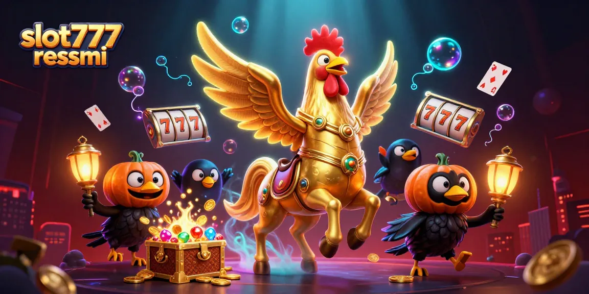 Experience excitement with slot777 resmi as golden rooster rides through a lively casino scene.