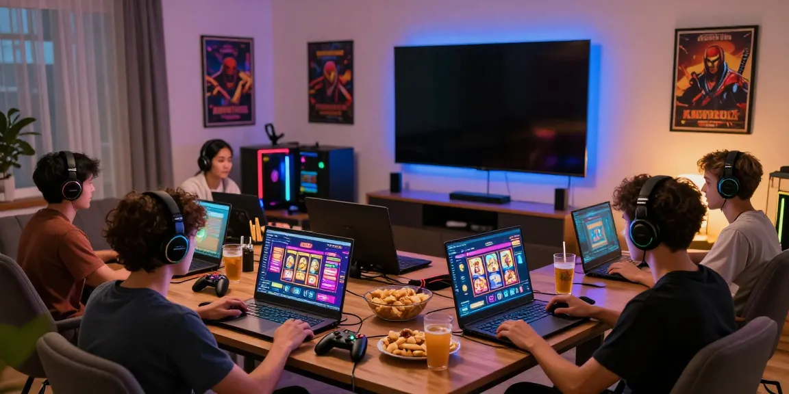 Engaging online gaming scene with friends enjoying situs KANTORBOLA in a cozy home setting.