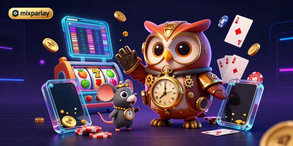 Perjudian dalam mixparlay: Ilustrasi 3D lucu dengan slot dan karakter menarik.