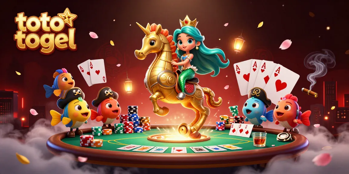 Visualisasi putri duyung yang menunggang kuda laut sambil memainkan toto togel dengan suasana kasino.