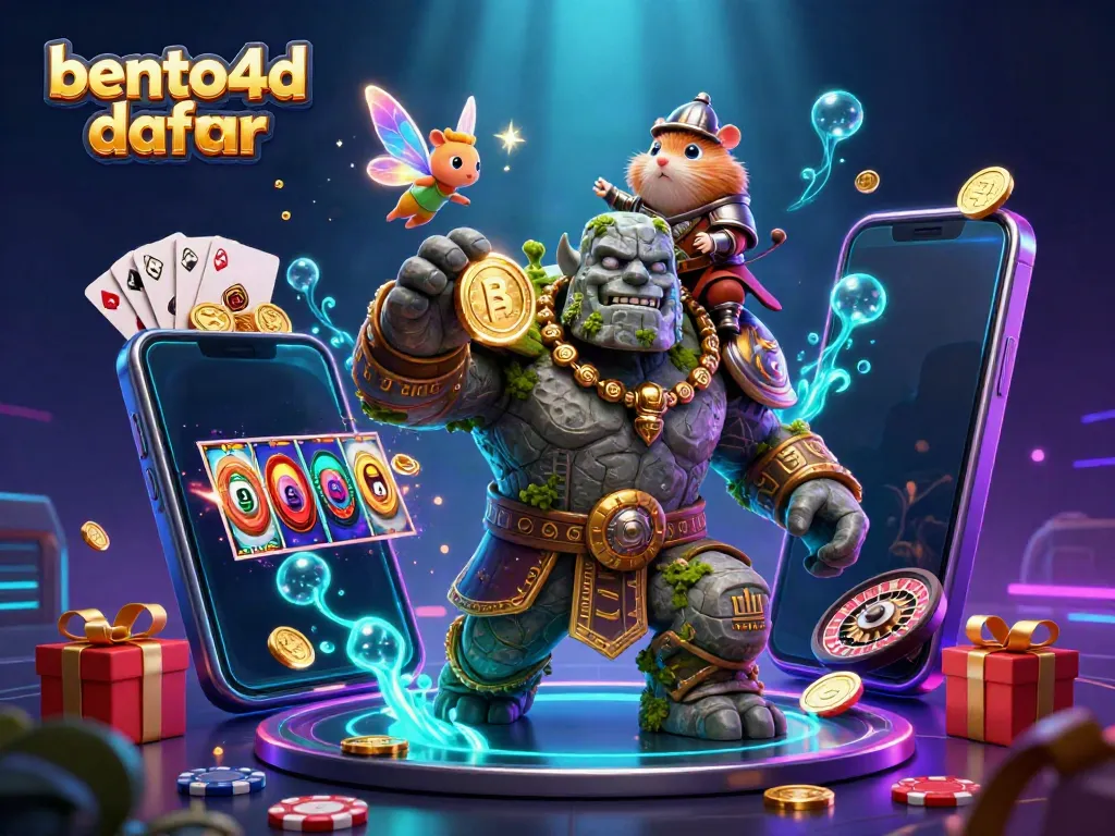 Bento4d daftar: Immerse in a vibrant 3D casino adventure with a heroic golem, fairy, and hamster knight.