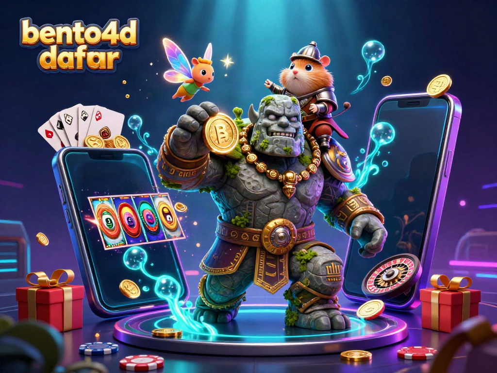 Bento4d daftar: Immerse in a vibrant 3D casino adventure with a heroic golem, fairy, and hamster knight.
