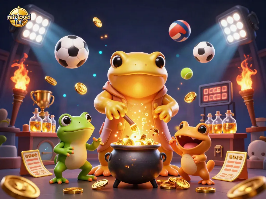 Engage with ratutogel link through vibrant 3D casino illustration of golden alchemist and dynamic sports elements.