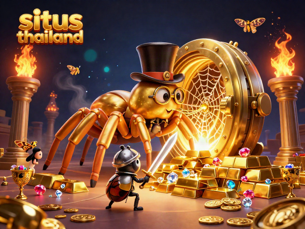 Situs thailand features a vibrant 3D casino scene with a golden tarantula and beetle knight, showcasing high-stakes excitement.