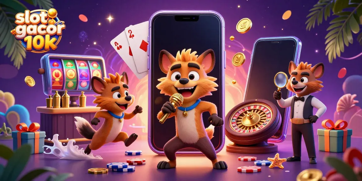 slot gacor depo 10k menampilkan ilustrasi kartun 3D hyena di klub kasino dengan elemen permainan slot yang dinamis.