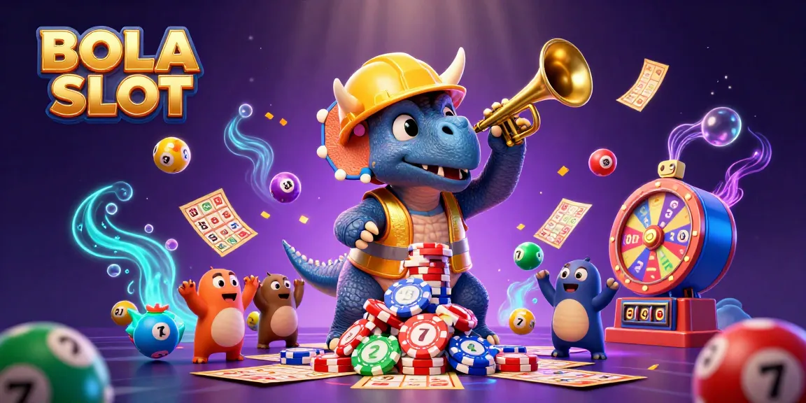 BOLA SLOT highlights a vibrant scene with a triceratops building a poker chip pyramid amidst lottery elements.