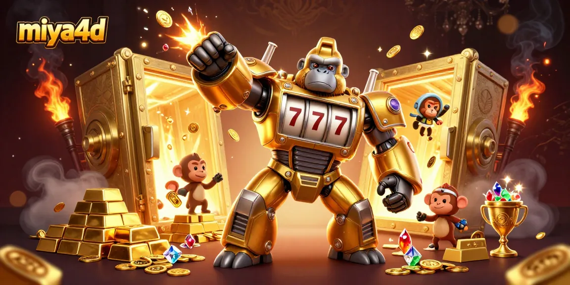 Miya4d slots in action with a golden gorilla mech and treasures bursting from a vault.