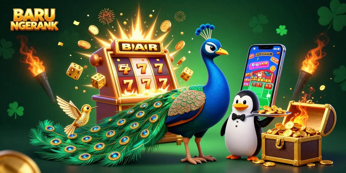 Experience fun gaming with BARU NGERANK in this vibrant 3D casino illustration packed with slot machine action.