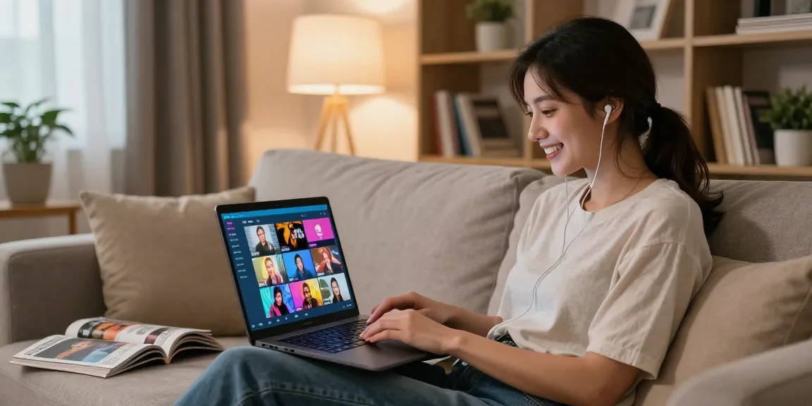 Engaging woman watching bokep china full hd content in cozy digital workspace environment.