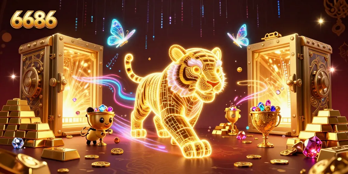 Experience exciting 6686 casino adventures with a vibrant neon-wireframe tiger and treasures.