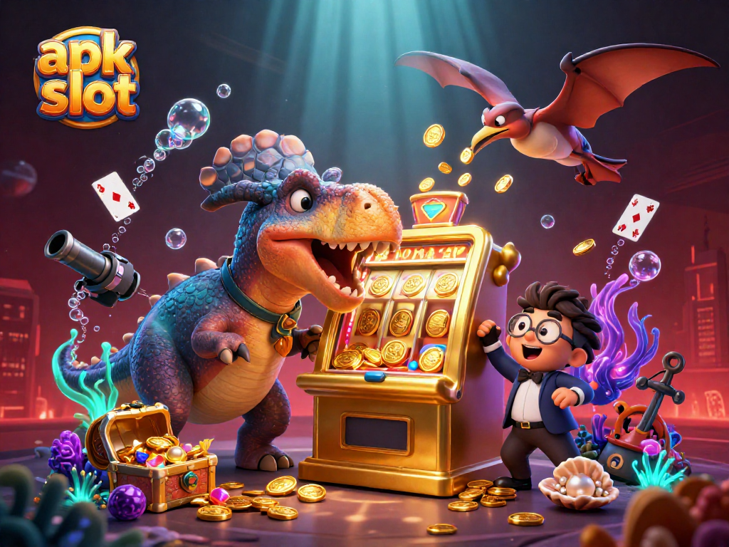 Memproduksi jackpot dengan apk slot dan karakter dinosaur, manajer kasino, serta koin emas berhamburan.