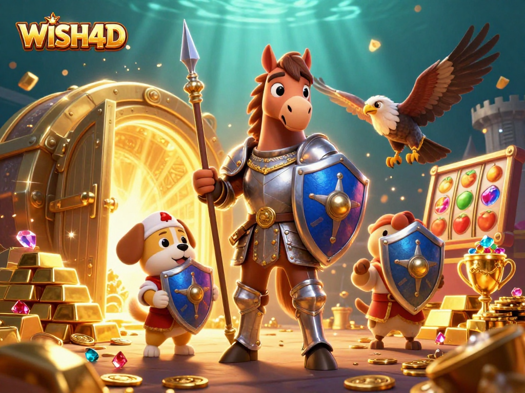 WISH4D showcases a vibrant 3D casino scene featuring knightly characters and captivating slot elements.