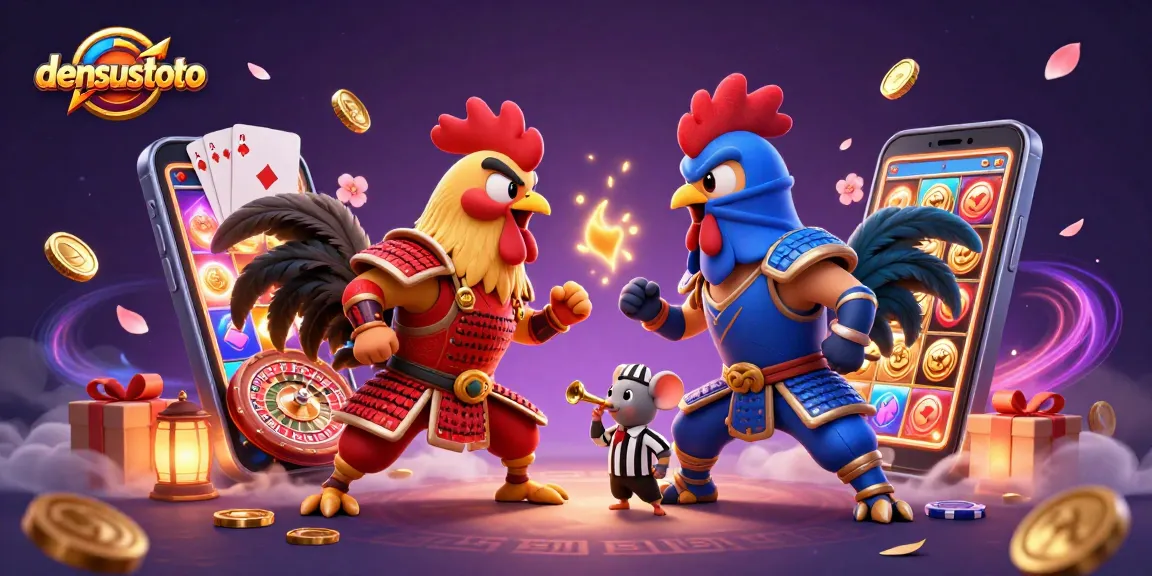 Memenangkan angka di densustoto dengan pertarungan ayam kartun, simbol kasino, dan efek lampion yang bercahaya.