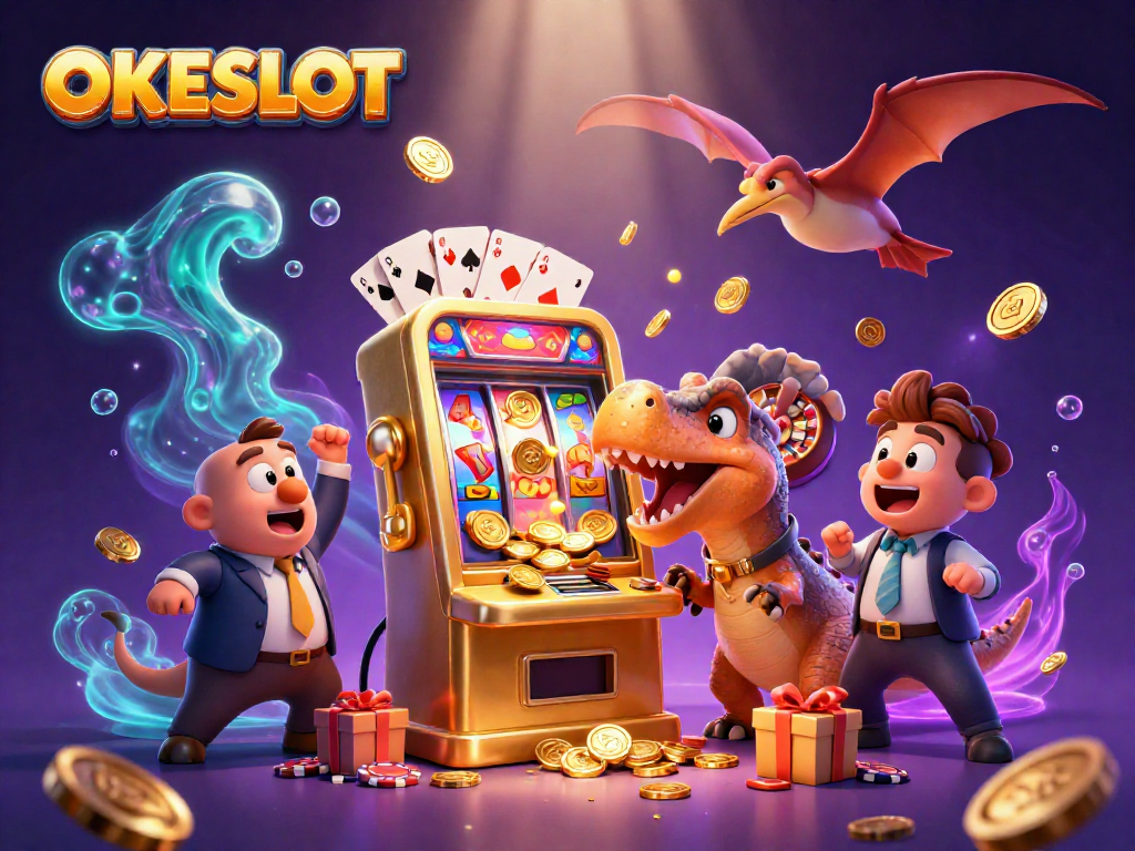 OKESLOT menghadirkan ilustrasi unik kasino dengan karakter yang menarik dan elemen slot yang seru.