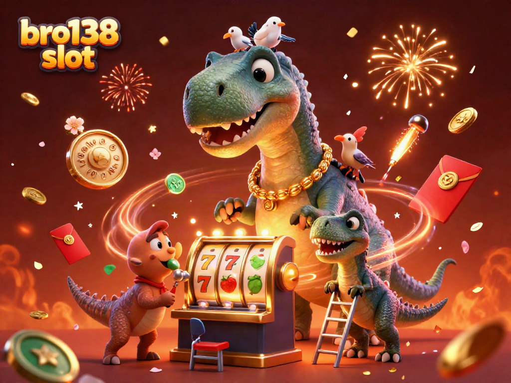 Experience the excitement of bro138 slot with a towering brontosaurus and interactive slot elements in a vibrant casino scene.