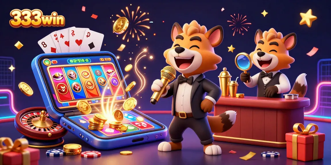 Experience the lively energy of 333win's casino scene featuring animated hyenas, a colorful slot game, and festive decorations.