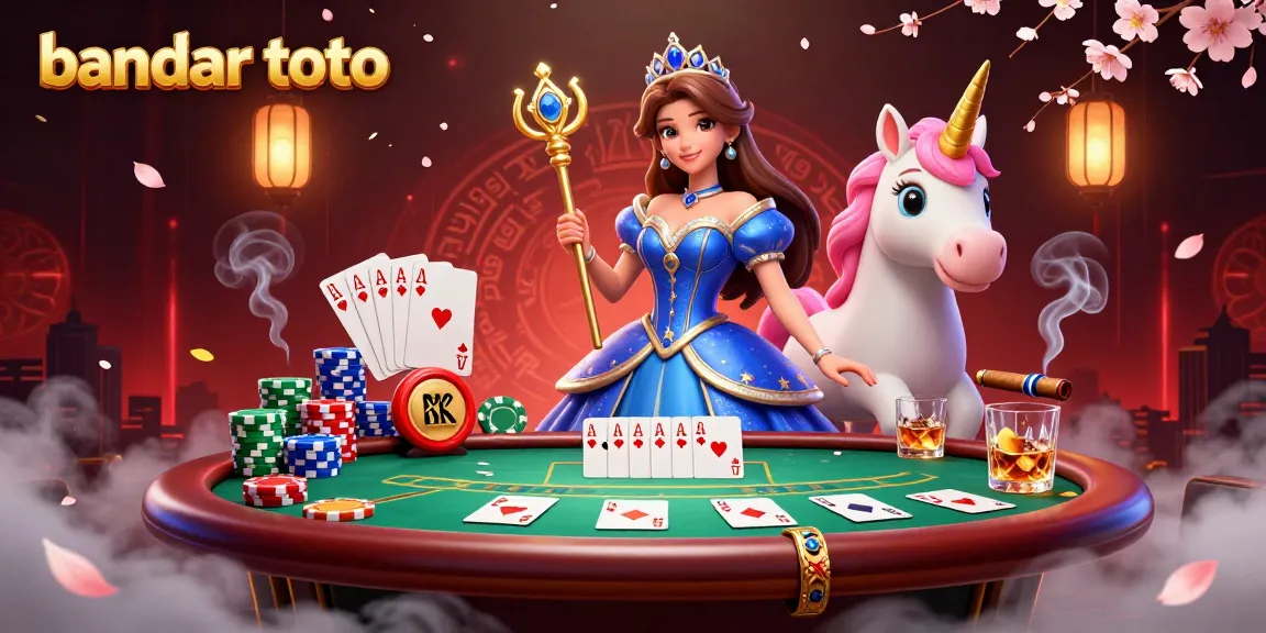 Engage in the vibrant world of bandar toto, featuring a striking illustration of a regal character amidst colorful poker elements.