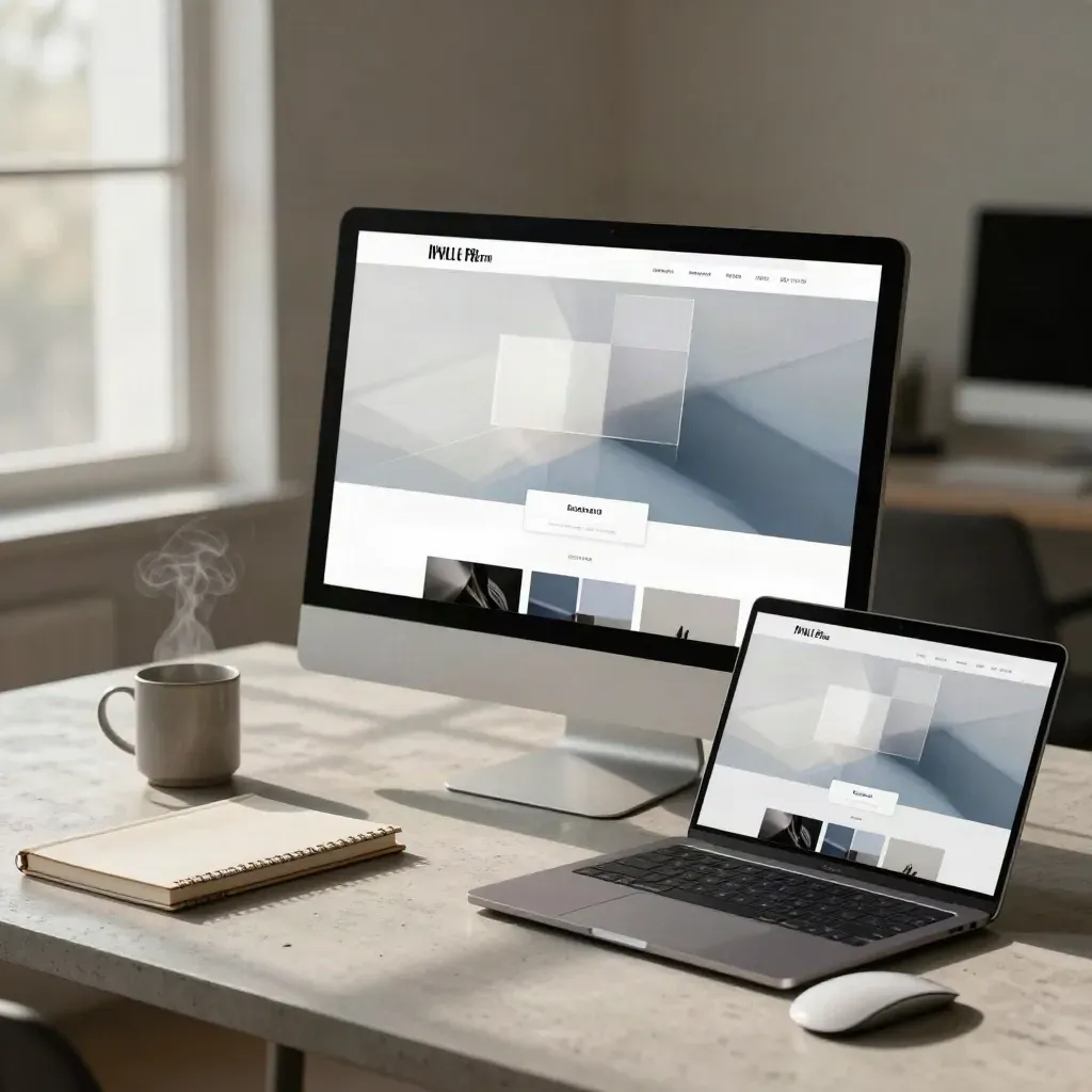 Monitor dan laptop menampilkan wireframe situs, ditemani mug, buku catatan tertutup, dan mouse.