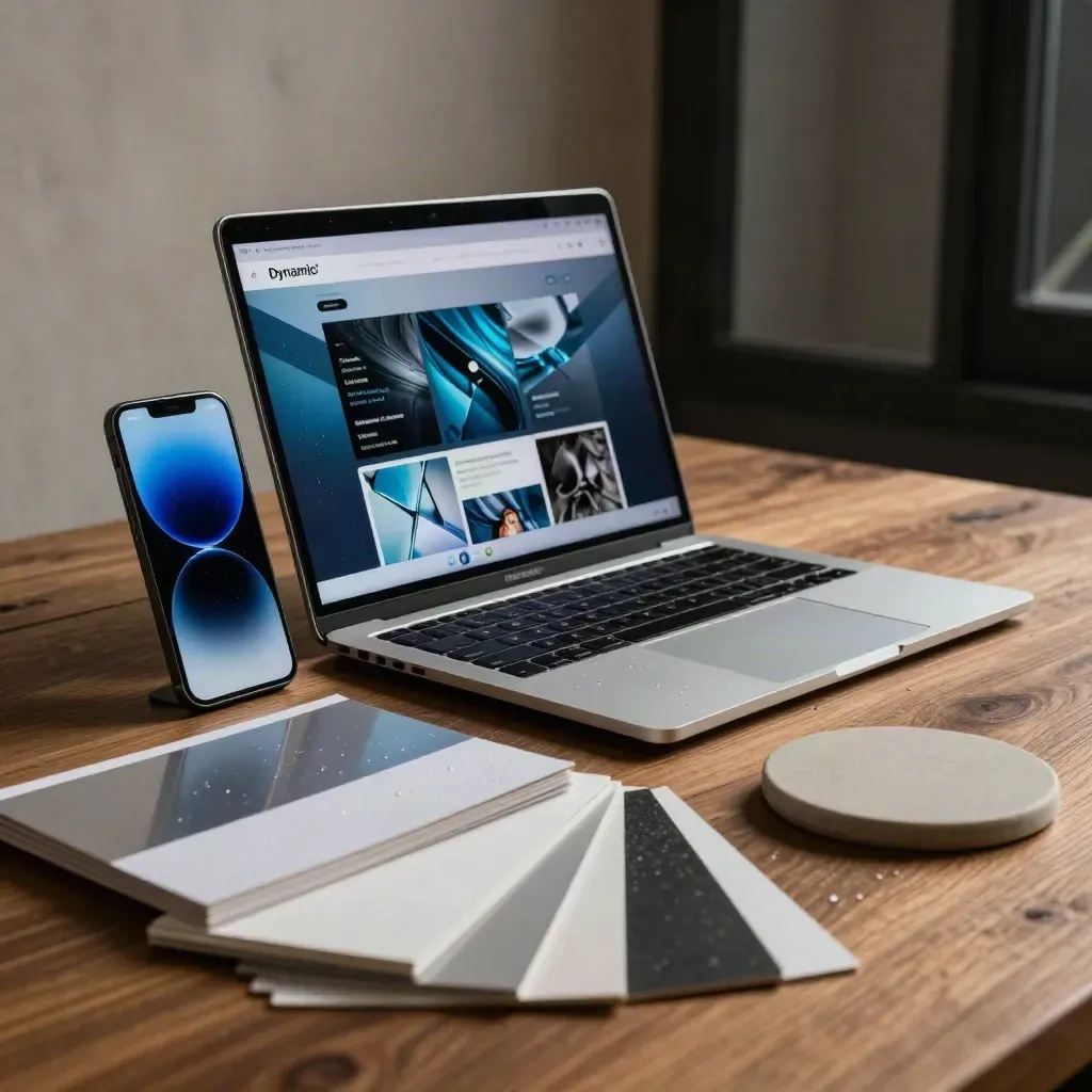 Laptop, ponsel, papan brand, swatch, dan sampel keramik di meja kayu setelah hujan