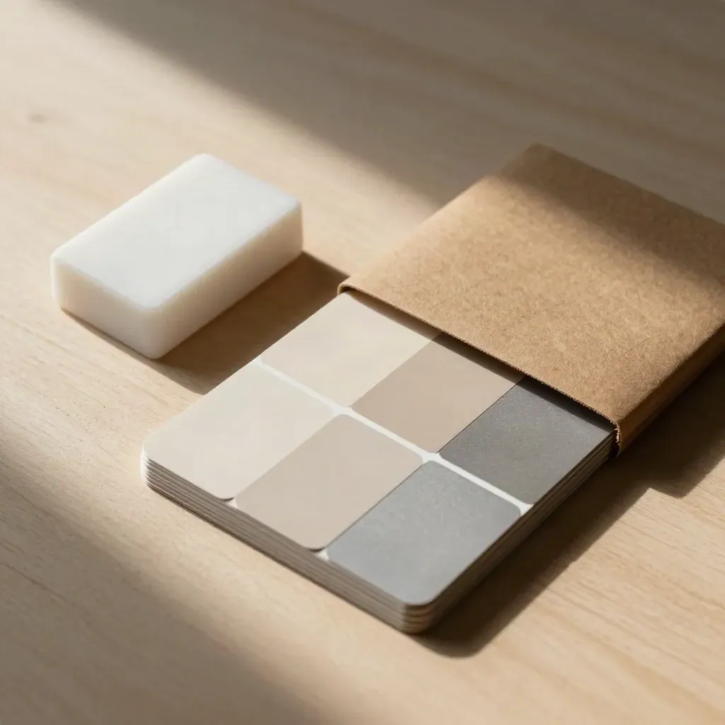 Flatlay kit branding dasar di atas kayu pucat dengan sampel warna netral dan sleeve kraft.