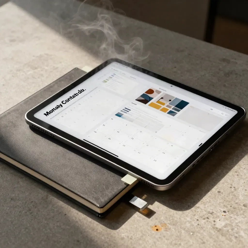 Tampilan atas tablet, catatan tertutup, tab kertas, dan bekas kopi di meja batu.
