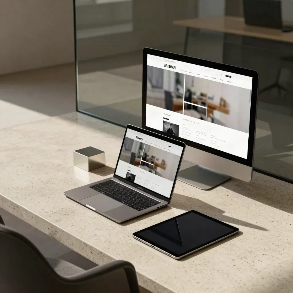 Sudut audit website di lantai, laptop, tablet, dan monitor tinggi dengan tampilan situs blur.