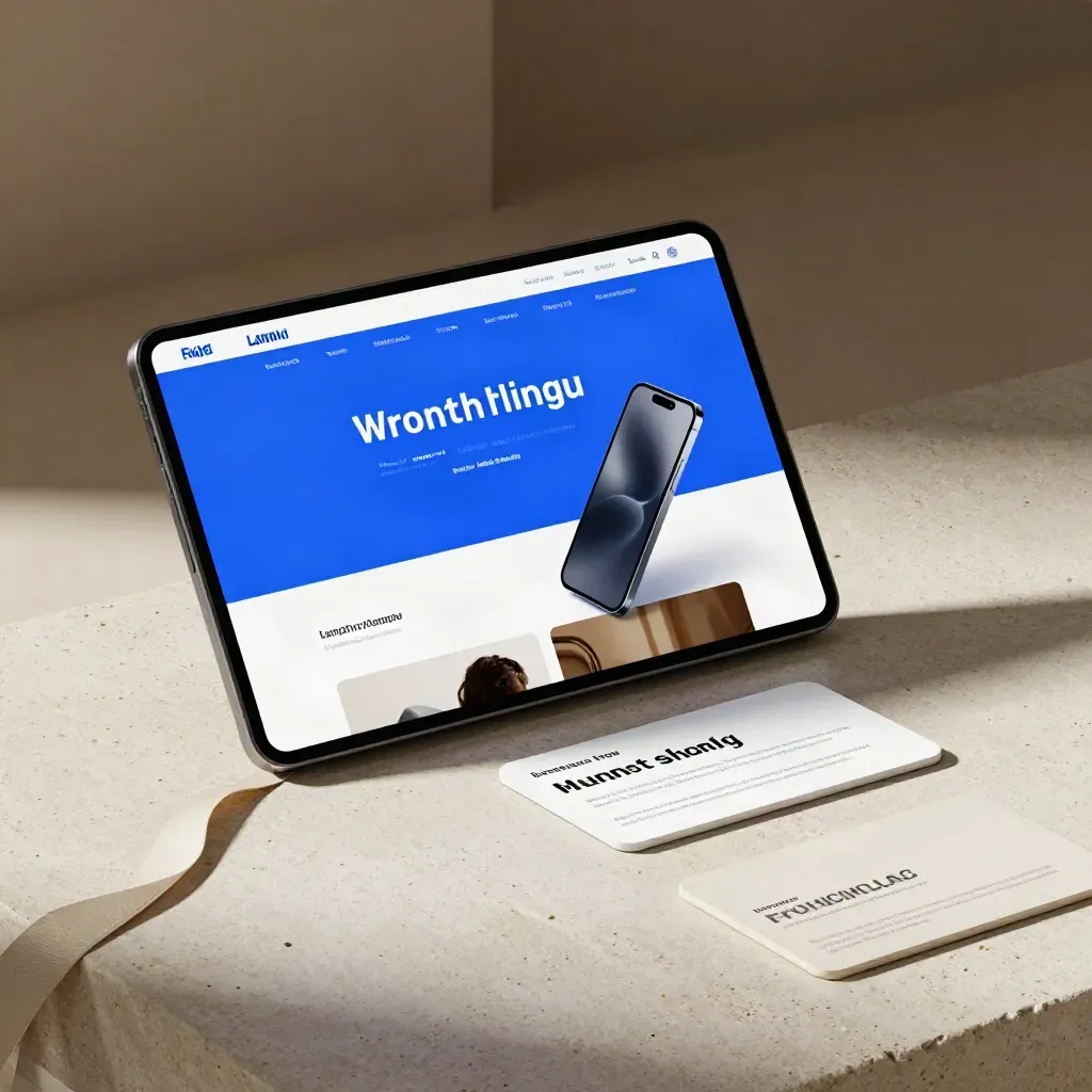 Layar miring, ponsel, dan dua kartu mockup di batu terang dengan cahaya biru dramatis.