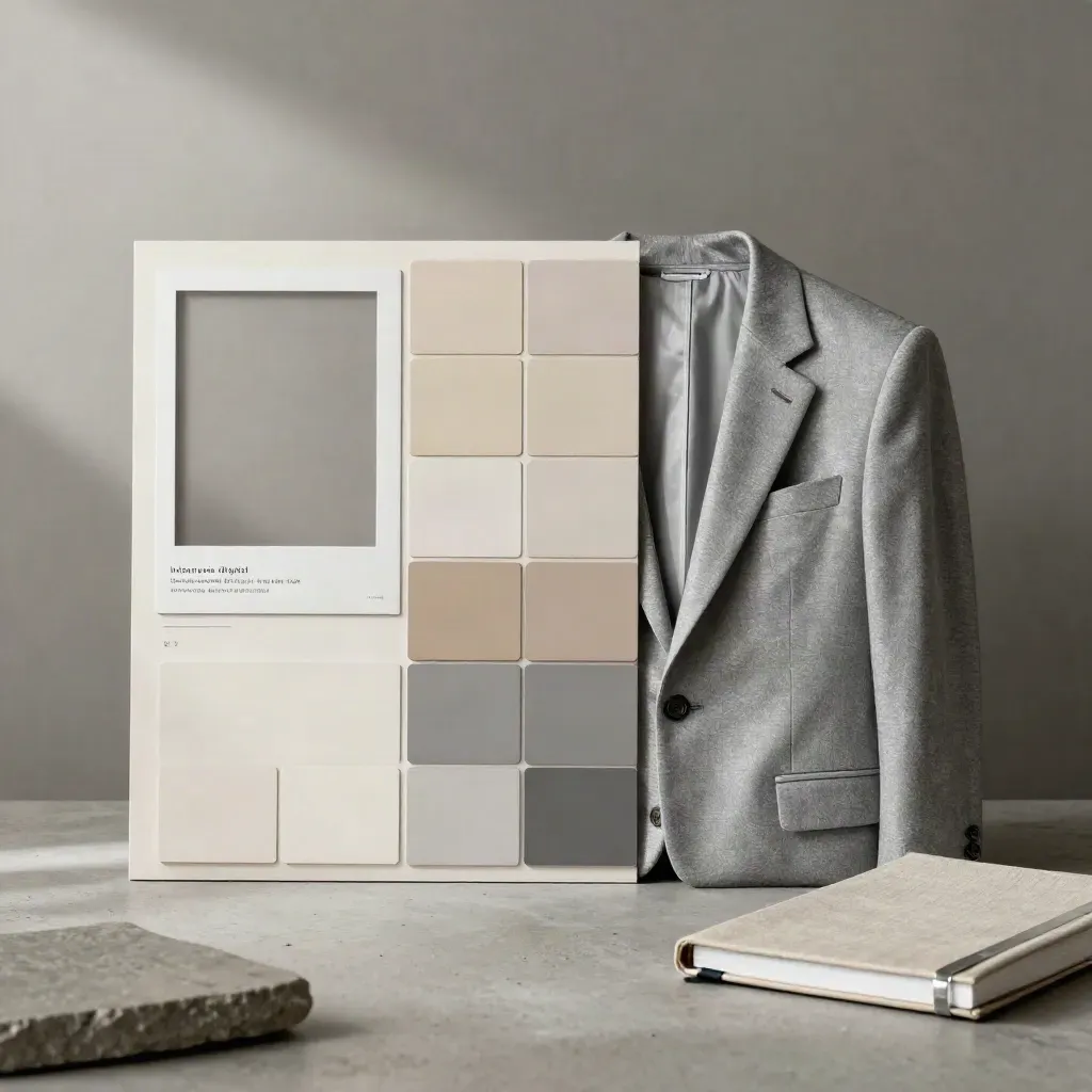 Papan profil LinkedIn, swatch blazer, dan buku kerja di atas beton studio.