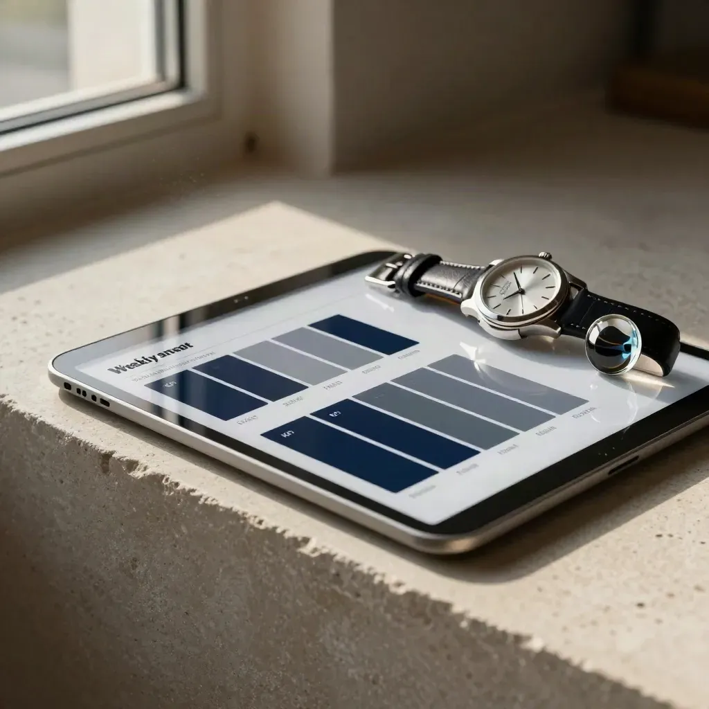 Tablet ringkasan mingguan, jam tangan, dan paperweight di batu terang dengan cahaya sore.