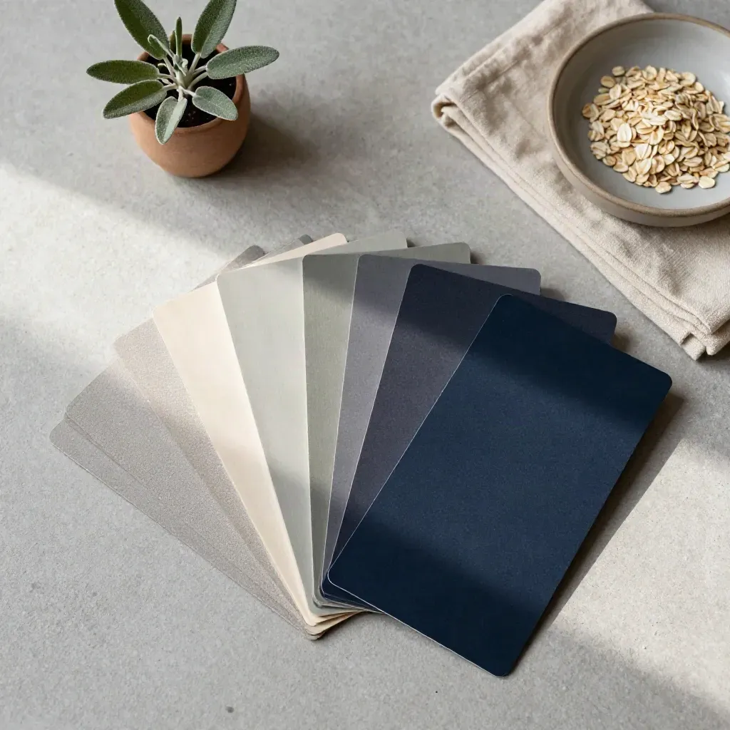 Swatch merek navy, bookmark linen, tanaman kecil, kain lipat, dan piring keramik di atas beton.