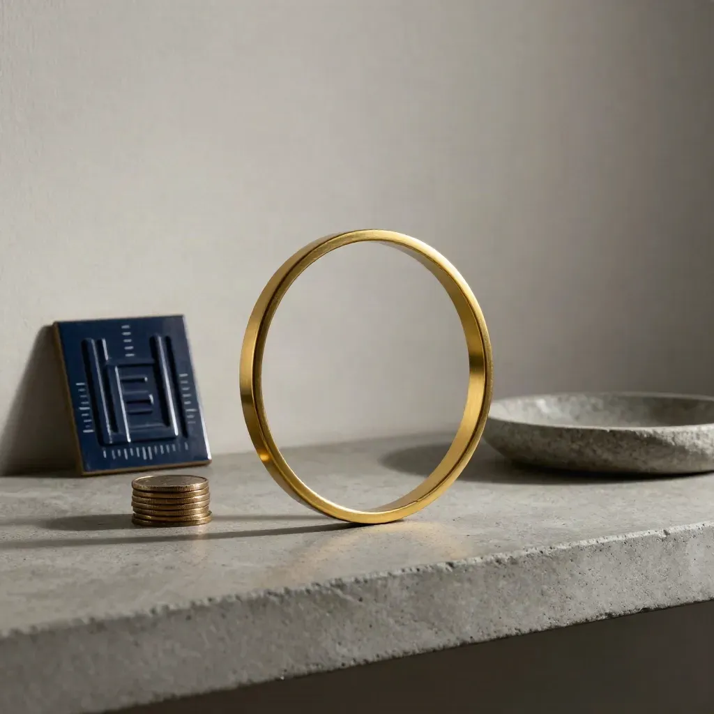 Still life iklan berbayar dengan cincin target, tile dashboard, koin, dan dish batu.
