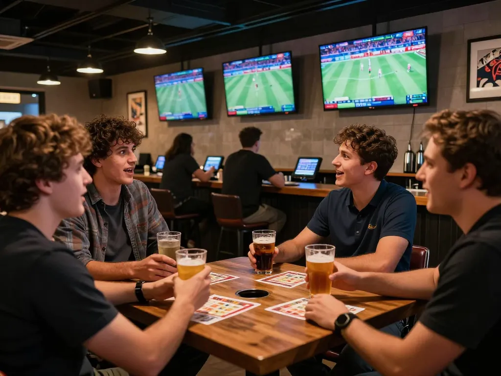Pelanggan bersorak di bar taruhan olahraga menggunakan oracleappshub untuk odds langsung dan strategi