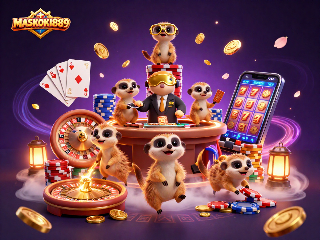 Experience the excitement of MASKOKI889's vibrant casino world with dynamic meerkats in action.
