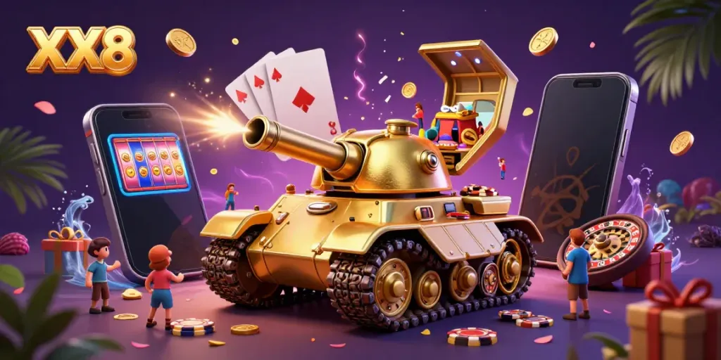 Experience the dazzling world of XX8 with a gold beetle tank revealing a miniature casino full of excitement.