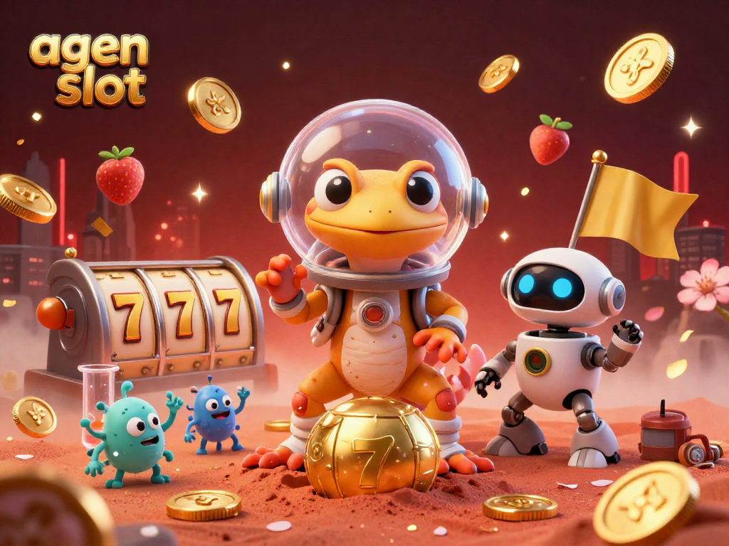 Mengungkap kejutan agen slot dalam ilustrasi 3D yang menampilkan reptil Mars dan teman robotnya di kasino emas.