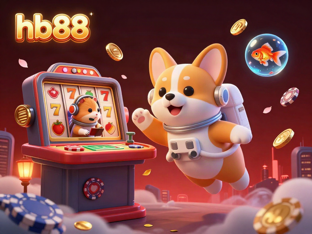 Spin the reels at hb88's vibrant space casino with a floating corgi and golden coins.