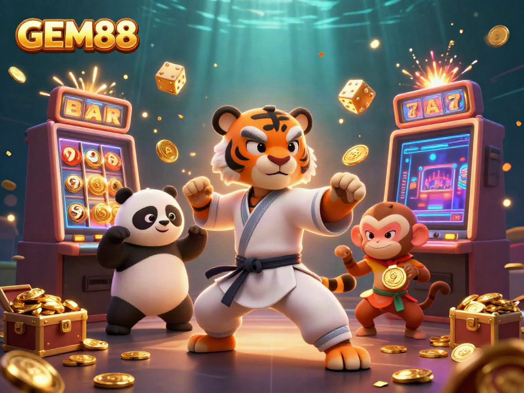 Engage with GEM88's thrilling jackpot scene featuring cartoon characters enjoying casino games and winning prizes.