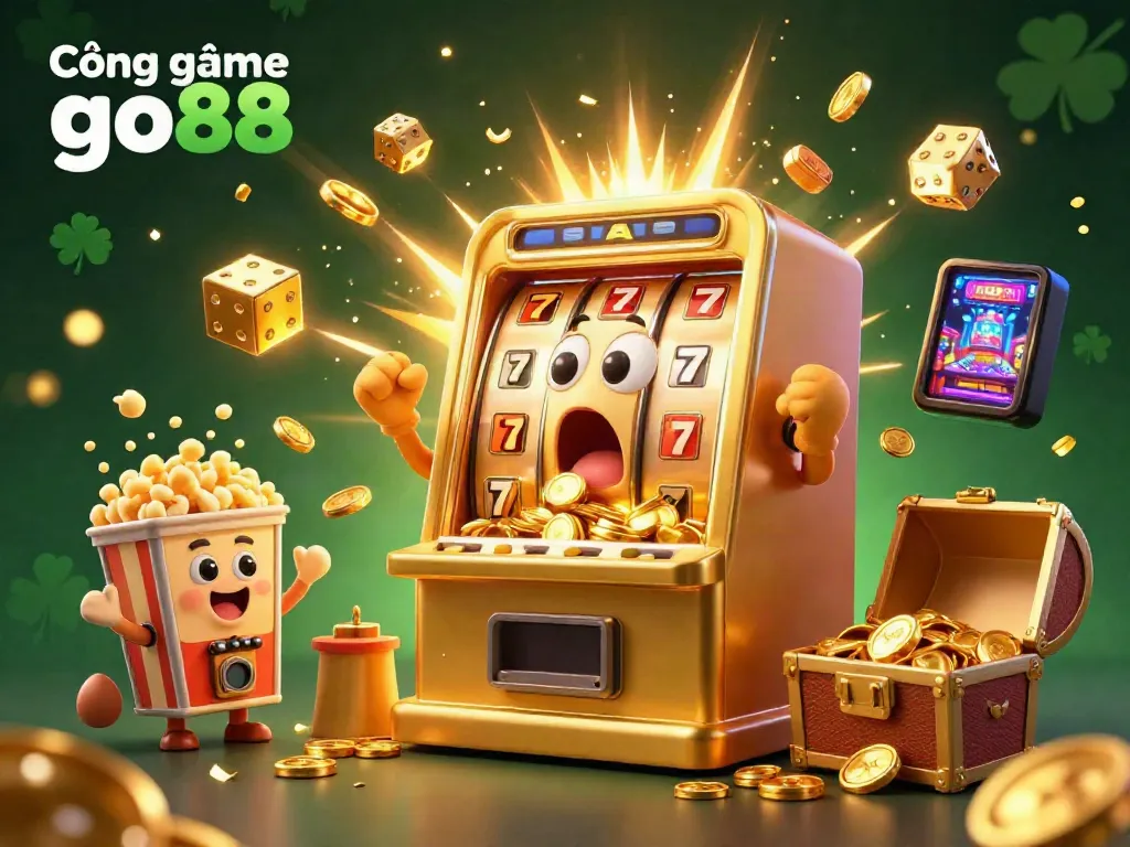 Cổng game go88 showcases a golden slot machine celebrating a jackpot, amidst cheering baby slot machines and joyful elements.