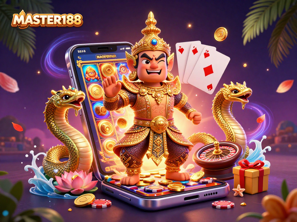 Experience thrilling gaming with MASTER188 illustrated in a vibrant 3D scene featuring slots and casino games.