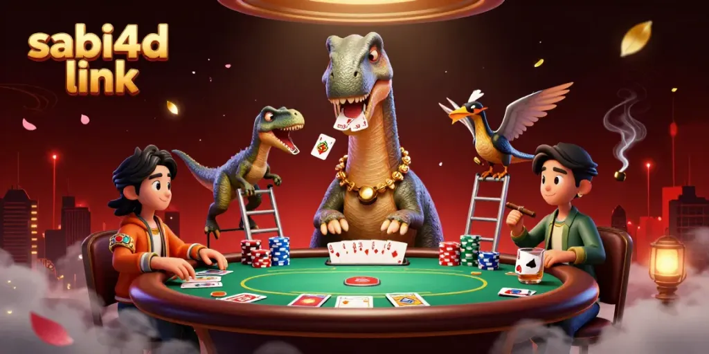 Menggunakan sabi4d link, ilustrasi kartun 3D brontosaurus di kasino dengan meja poker kecil di bawahnya