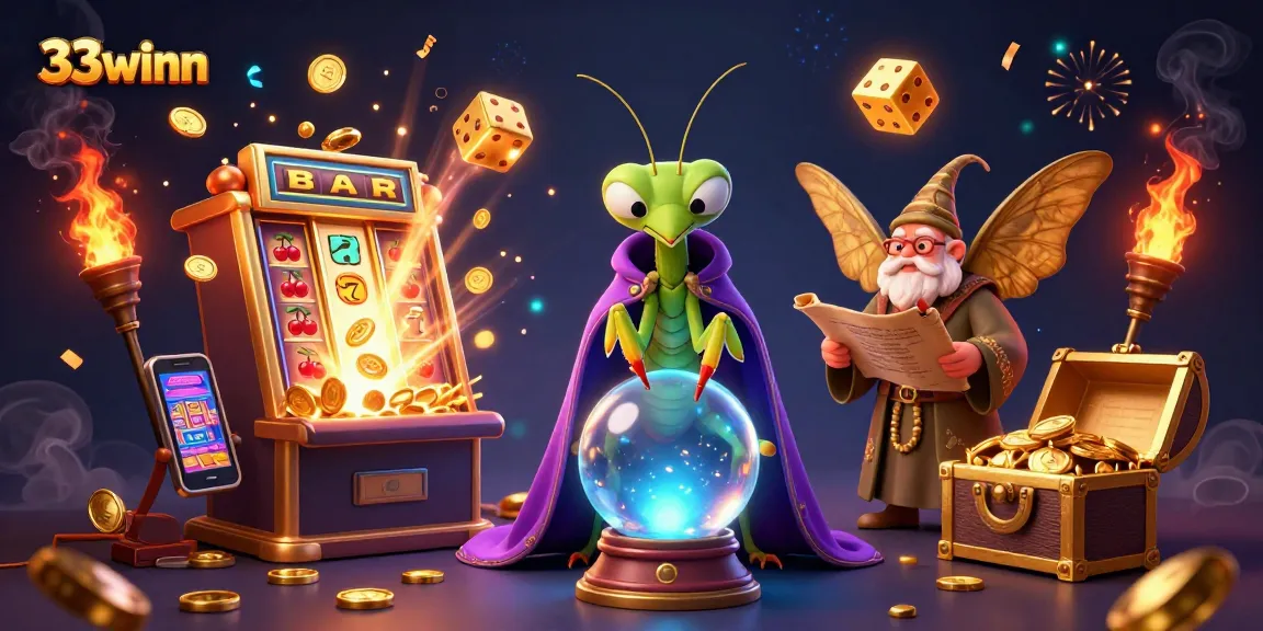 Experience the magic of 33winn with a vibrant 3D casino scene featuring a fortune teller and winning symbols.