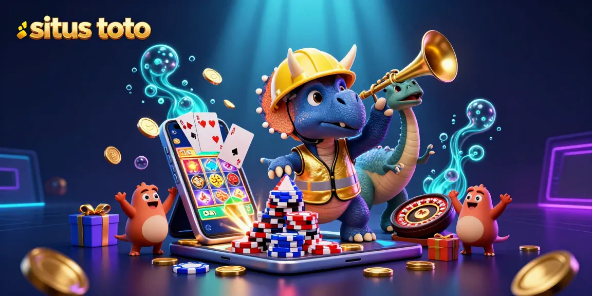 Triceratops di situs toto menampilkan permainan slot yang penuh warna dan tumpukan chip poker.