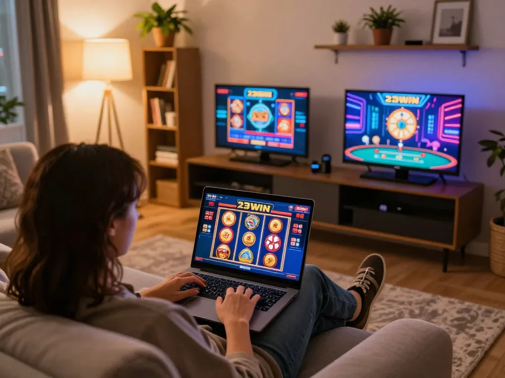 Person enjoying a thrilling online gaming experience on 23WIN from the comfort of home