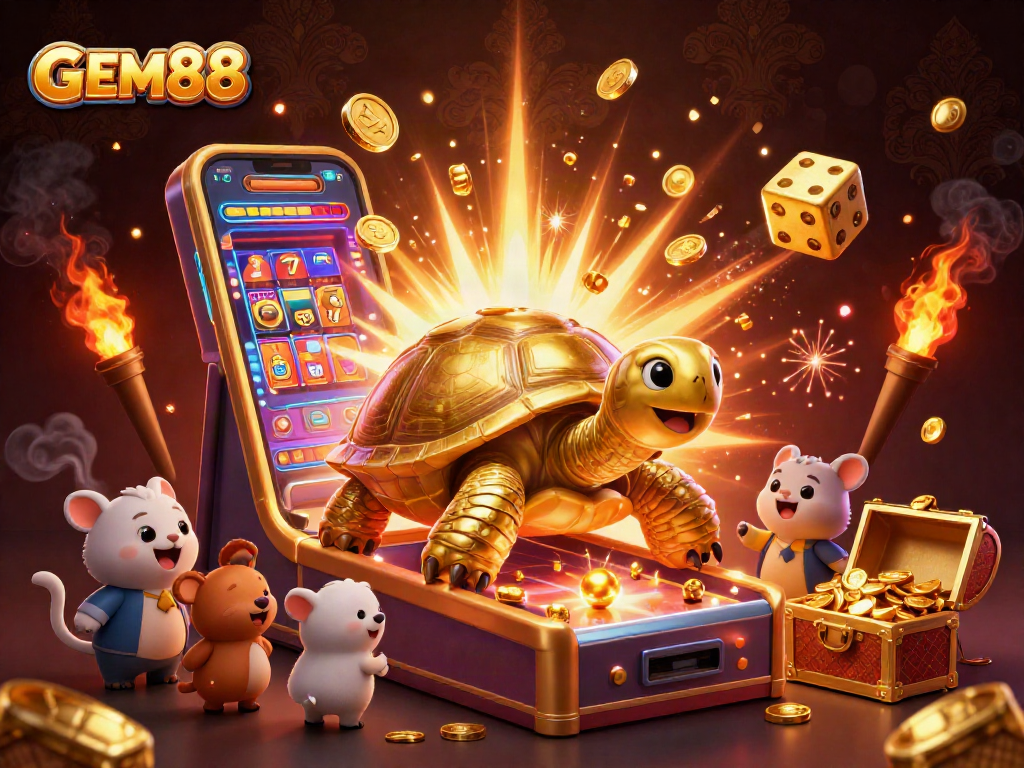 Engage in the GEM88 gaming adventure amidst vibrant casino elements and characters.